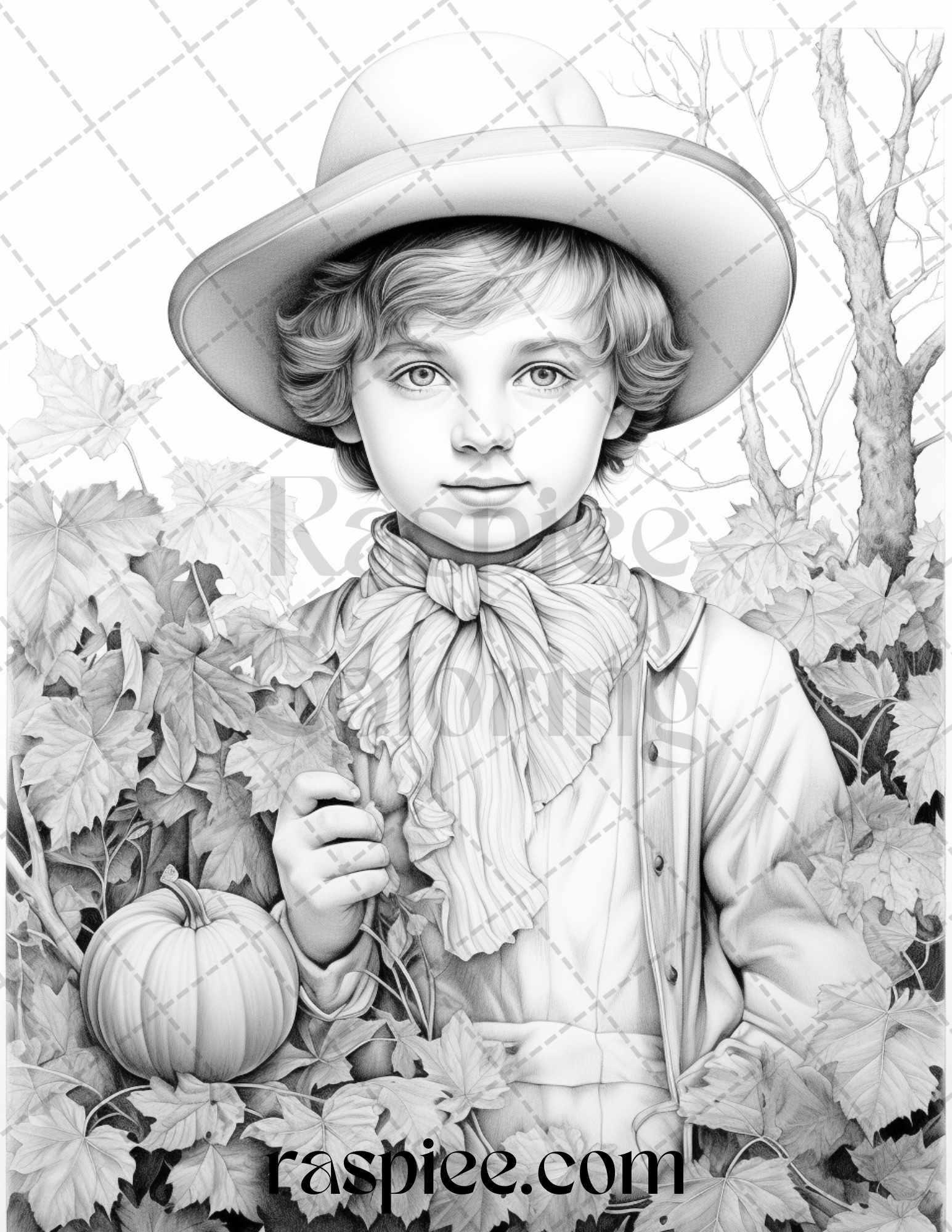 60 Victorian Autumn Portrait Grayscale Coloring Pages Printable for Adults, PDF File Instant Download