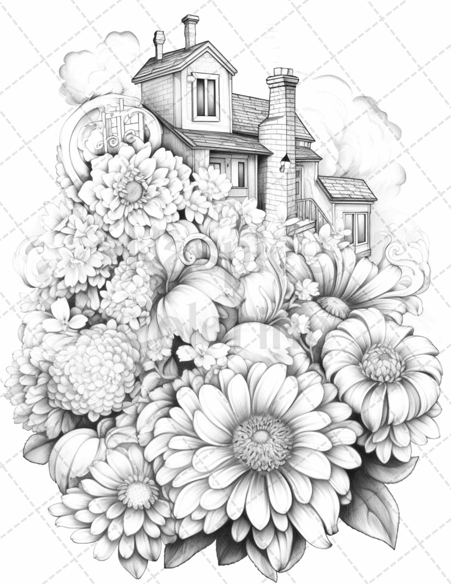 60 Flower Houses Grayscale Coloring Pages Printable for Adults, PDF File Instant Download