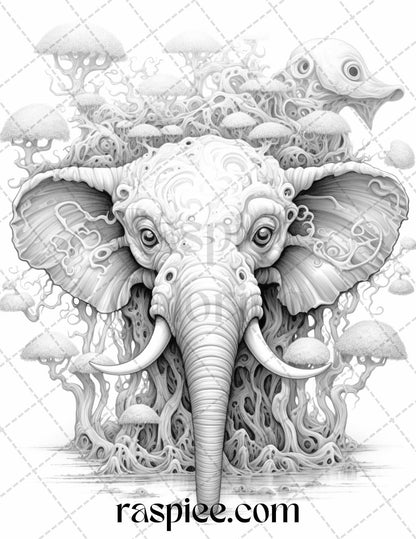 53 Surreal Creatures Grayscale Coloring Pages for Adults, Printable PDF File Instant Download