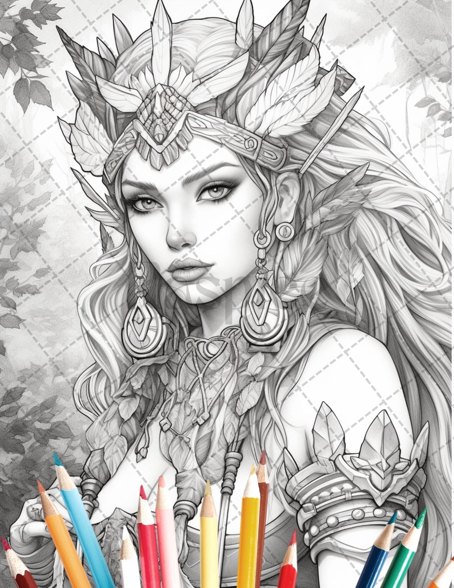 35 Beautiful Printable Elf Girls Coloring Book for Adults, Grayscale Coloring Page, PDF File Instant Download