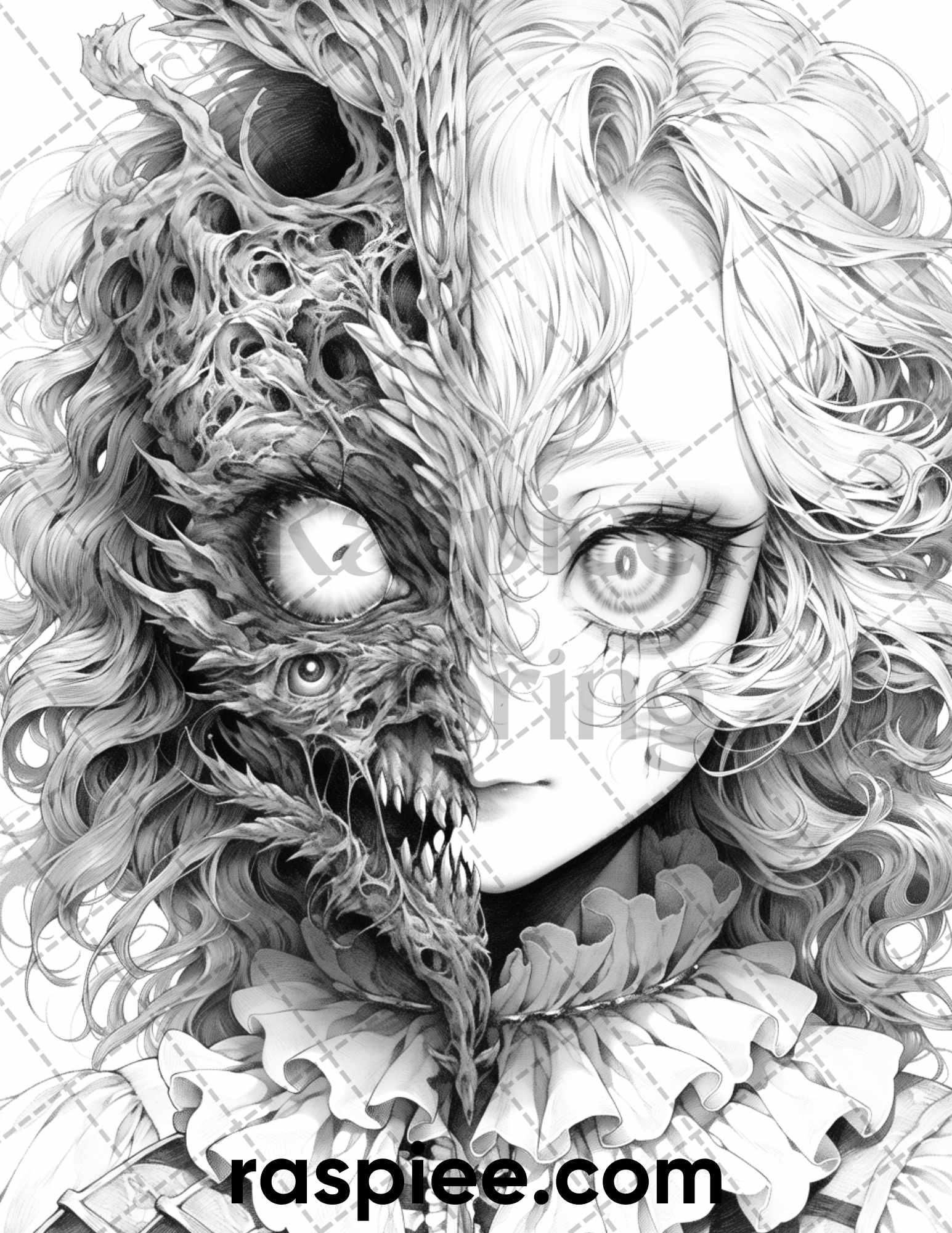 60 Horror Beauties Grayscale Coloring Pages Printable for Adults, PDF File Instant Download