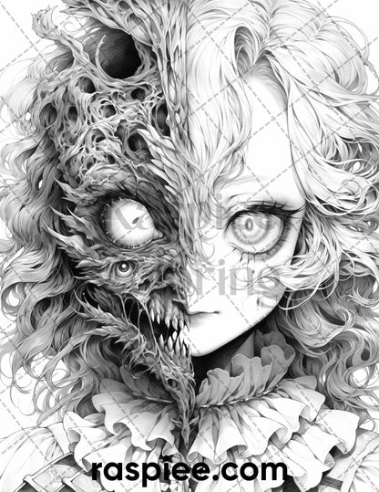 60 Horror Beauties Grayscale Coloring Pages Printable for Adults, PDF File Instant Download