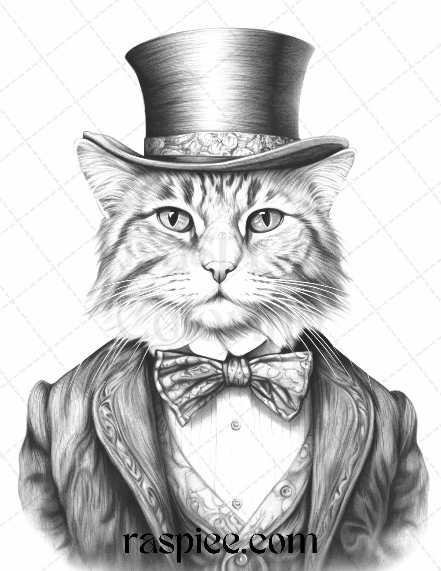 Gentleman Cat Grayscale Coloring Pages Printable for Adults Kids, PDF File Instant Download
