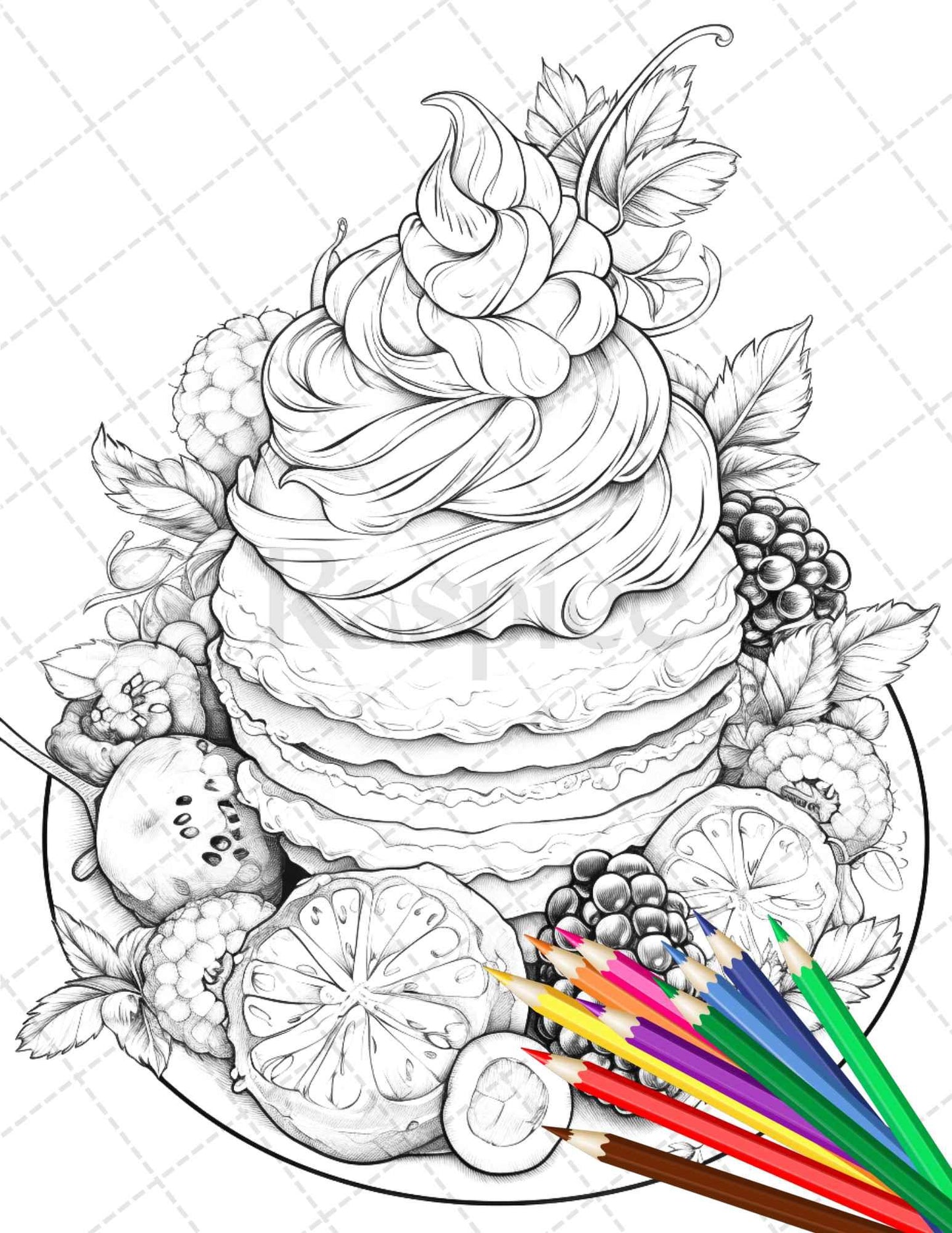 36 Sweet Desserts Coloring Pages Printable for Adults, Grayscale Coloring Page, PDF File Instant Download
