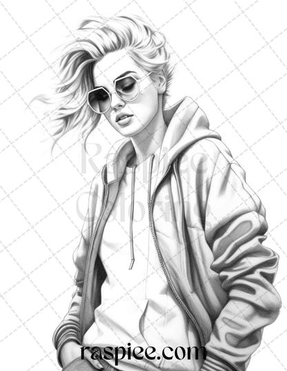 50 Streetwear Fashion Grayscale Coloring Pages Printable for Adults, PDF File Instant Download