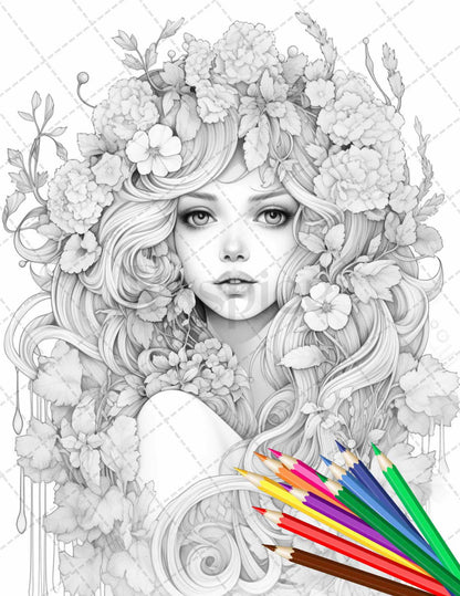 38 Flower Goddess Coloring Pages Printable for Adults, Grayscale Coloring Page, PDF File Instant Download