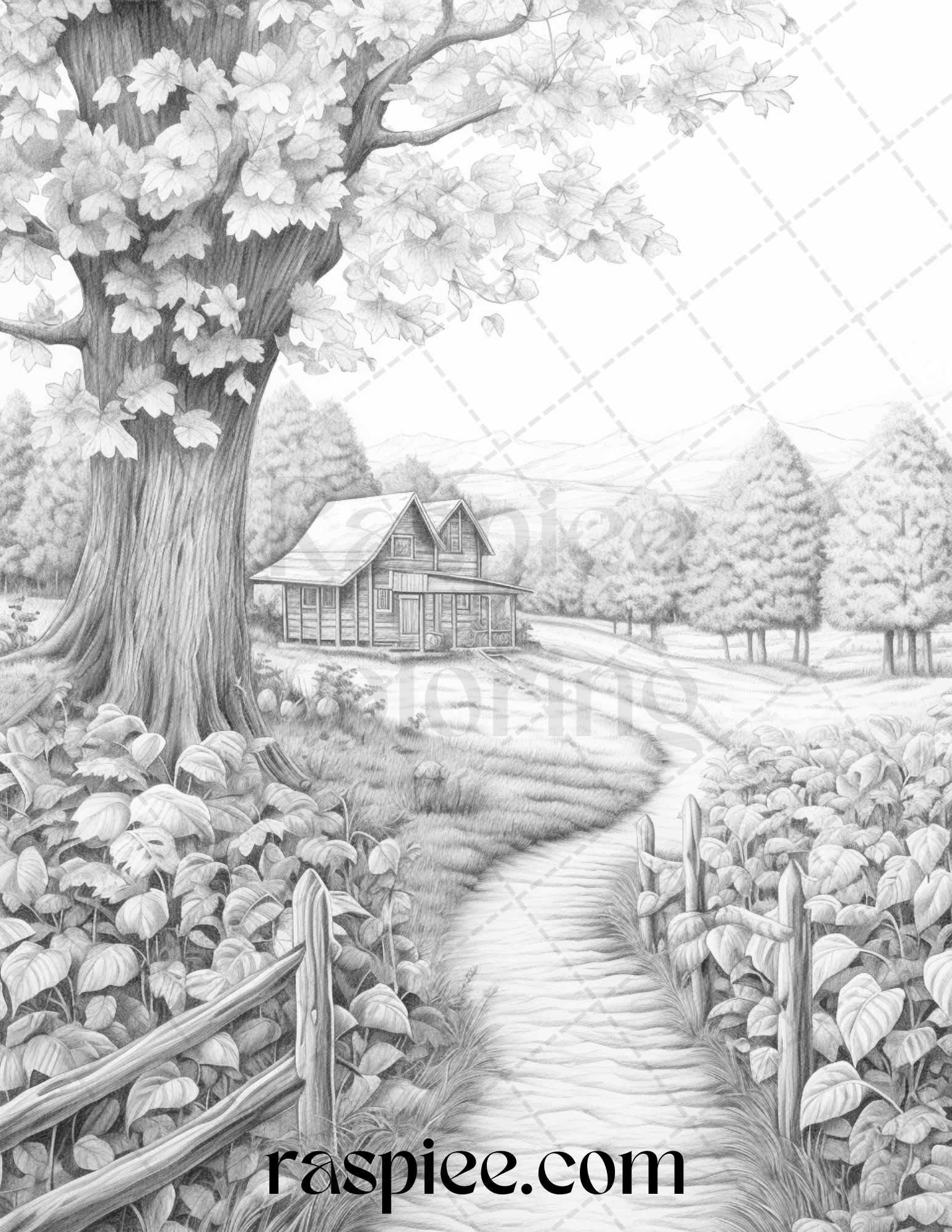 Autumn Scenery Grayscale Coloring Pages Printable for Adults, PDF File Instant Download