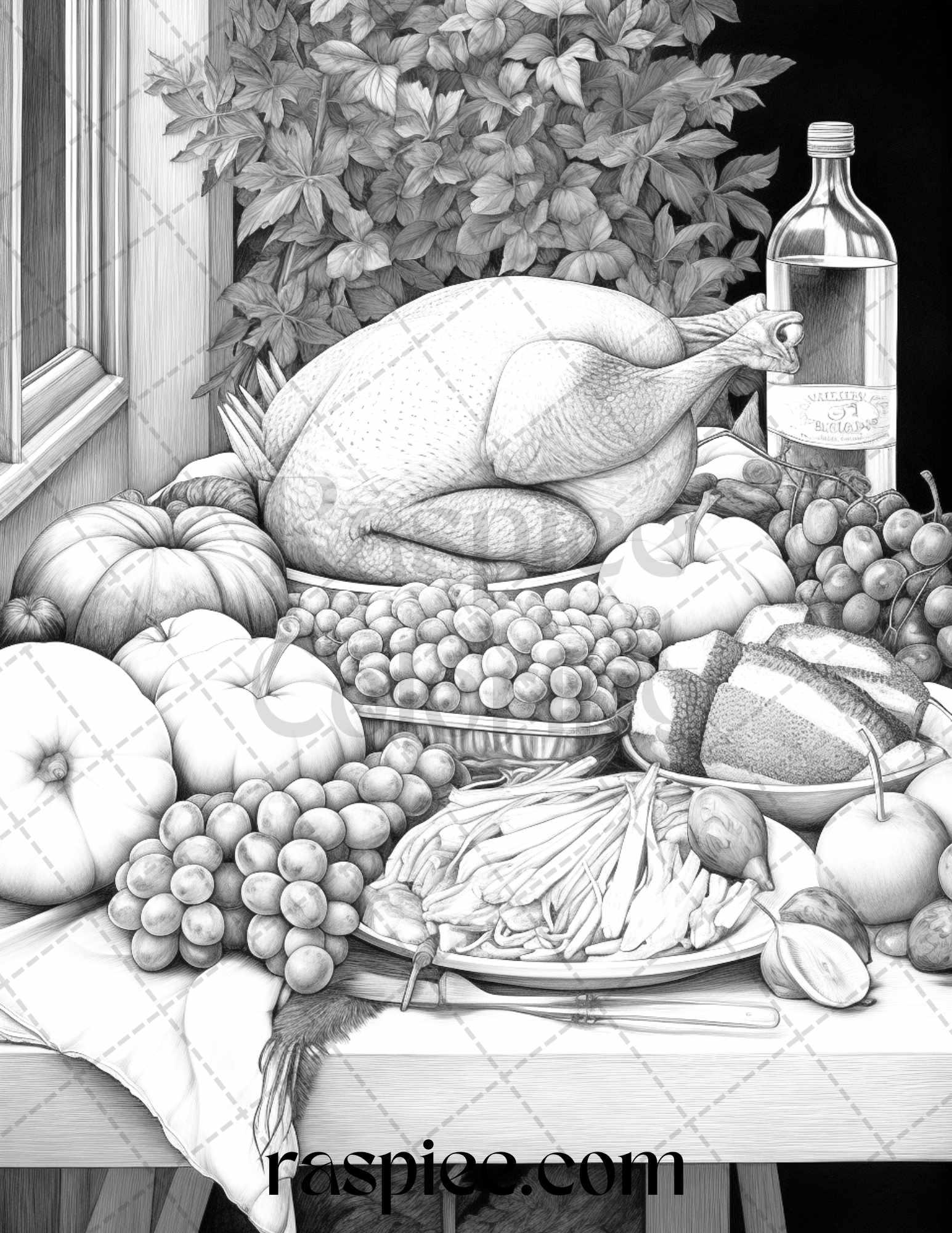 Thanksgiving Dinner Grayscale Coloring Pages for Adults, Relaxing Fall Coloring Sheets, Printable PDF File Instant Download