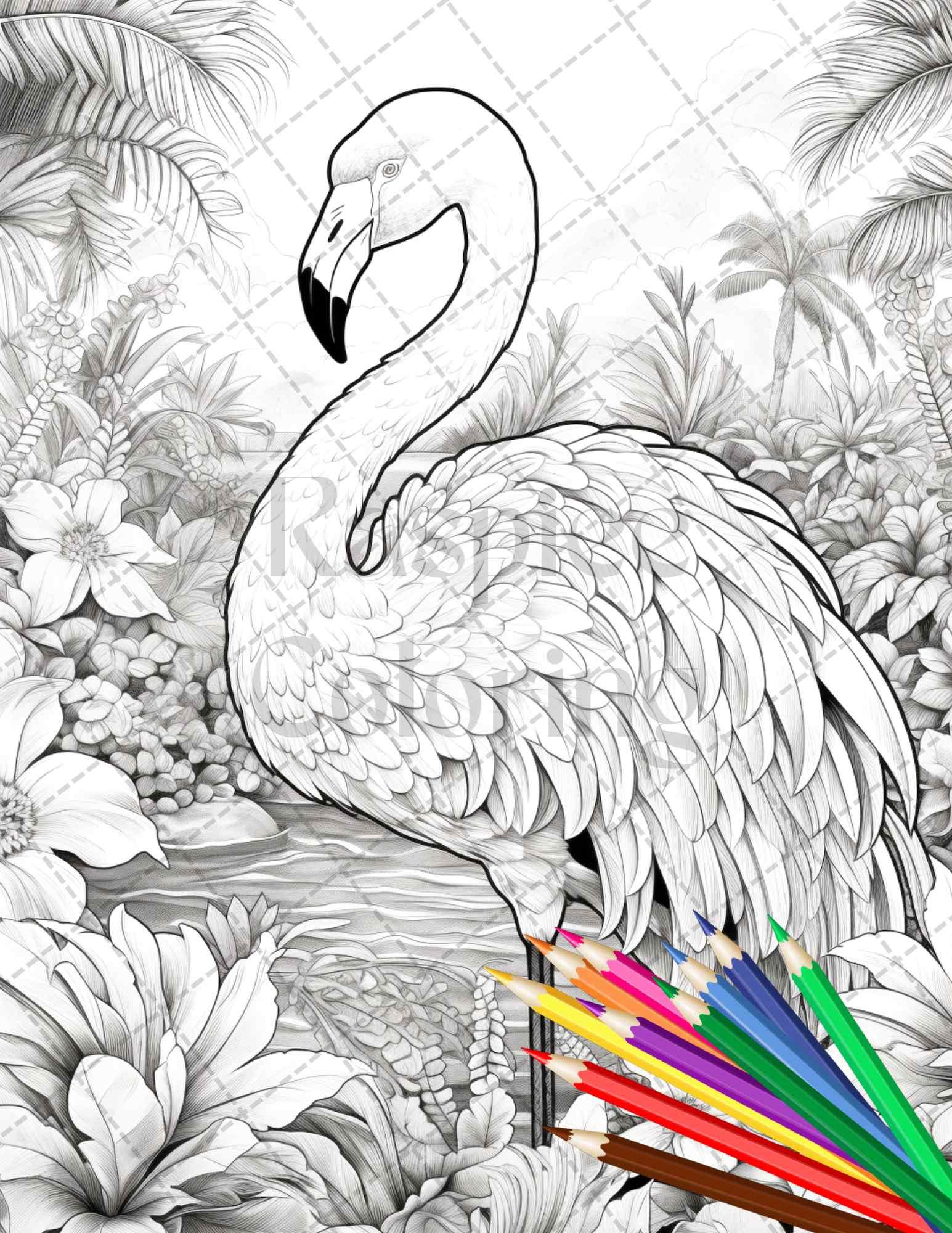 Flamingo Oasis Grayscale Coloring Pages Printable for Adults, PDF File Instant Download