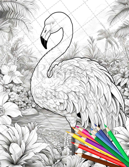 Flamingo Oasis Grayscale Coloring Pages Printable for Adults, PDF File Instant Download