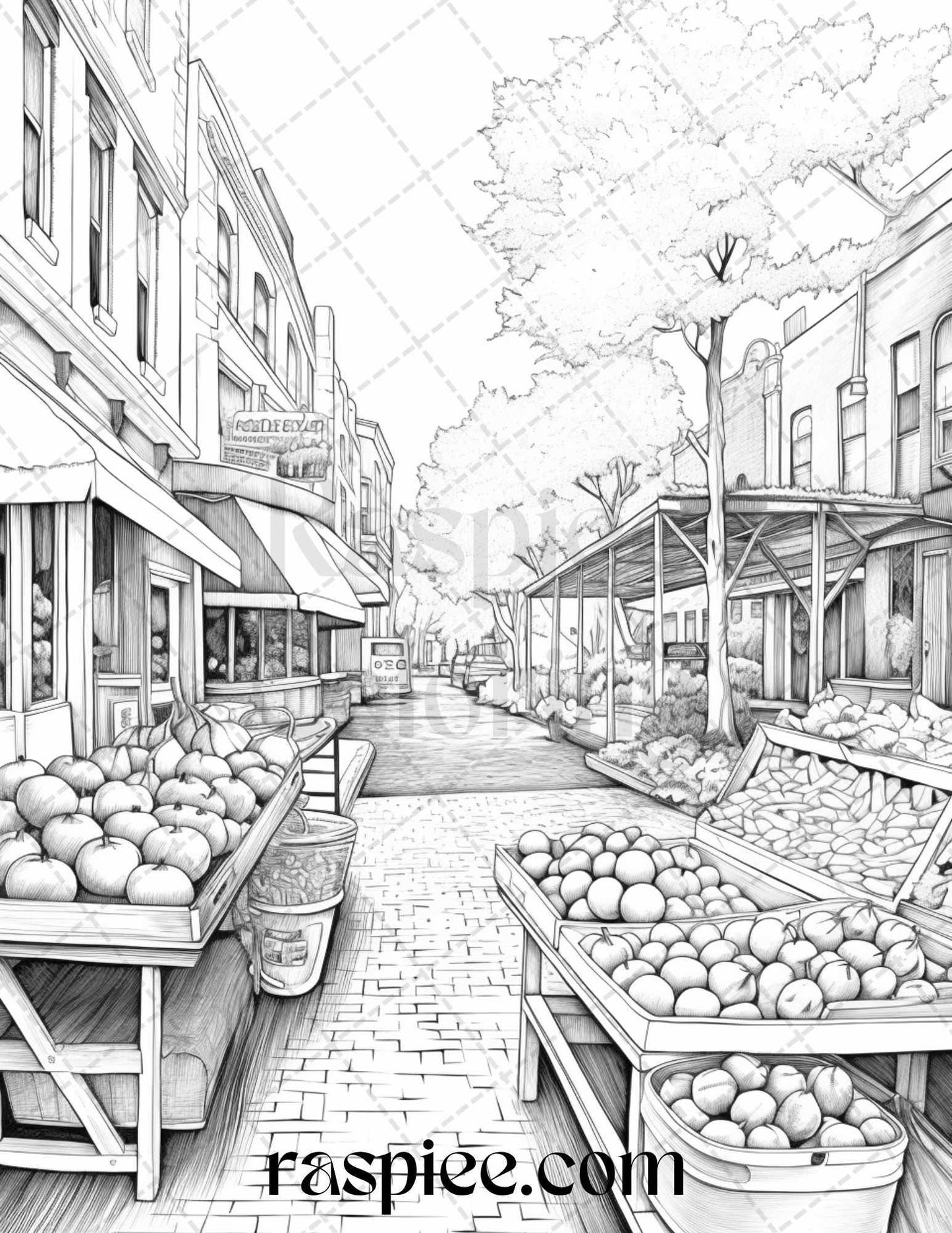 Autumn Street Markets Grayscale Coloring Pages for Adults, Printable PDF File Instant Download