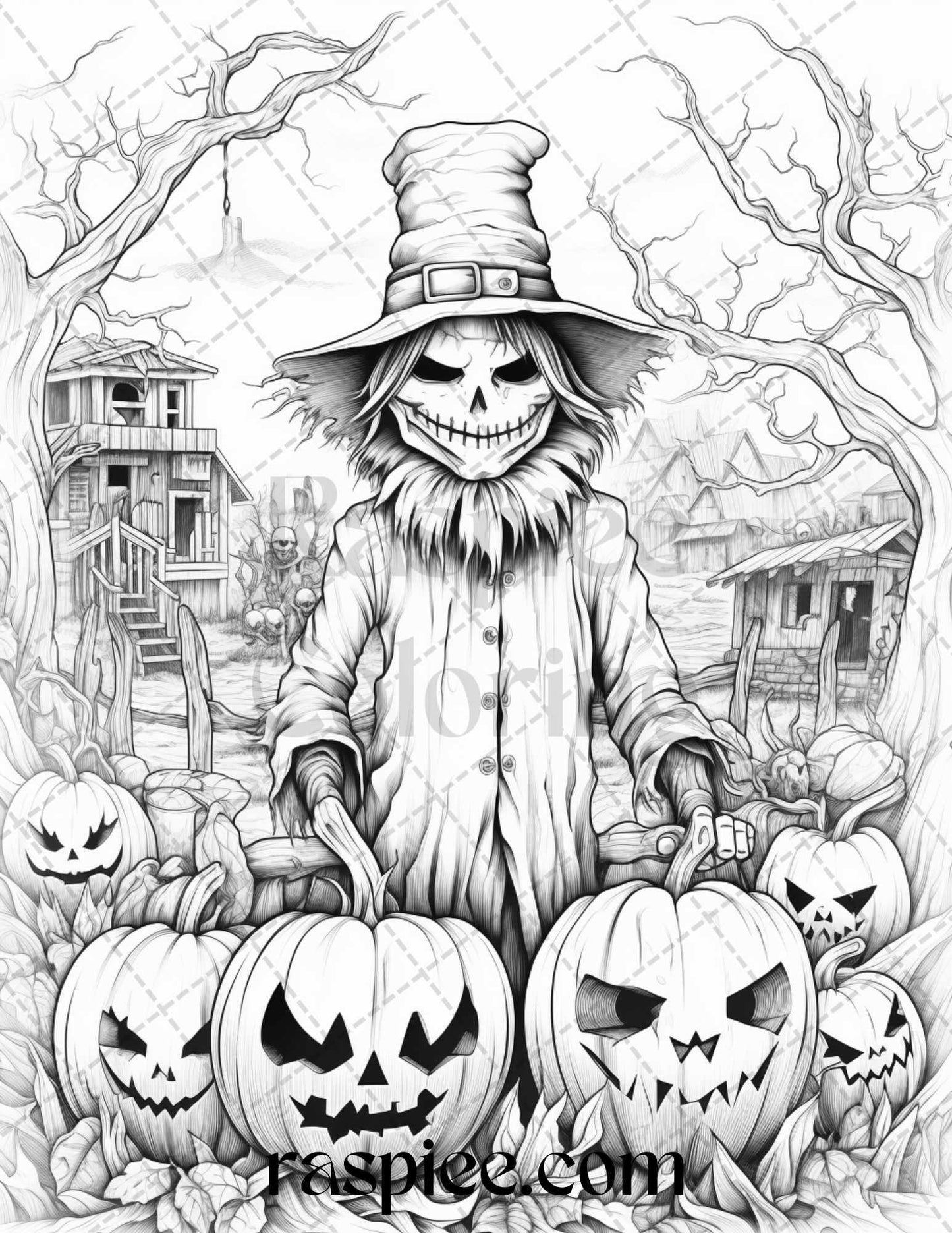 50 Halloween Scarecrows Grayscale Coloring Pages Printable for Adults, PDF File Instant Download