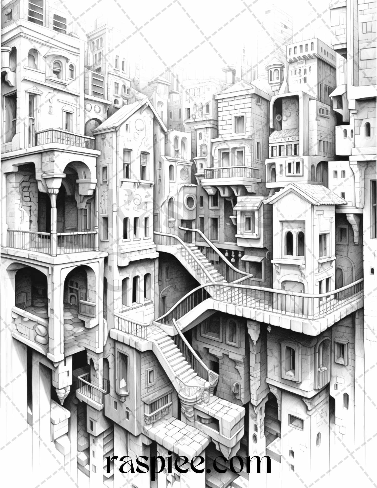 60 Enchanting Surrealism Grayscale Coloring Pages Printable for Adults, PDF File Instant Download