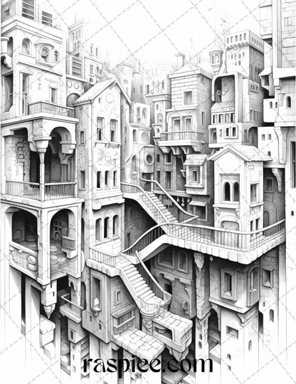 60 Enchanting Surrealism Grayscale Coloring Pages Printable for Adults, PDF File Instant Download