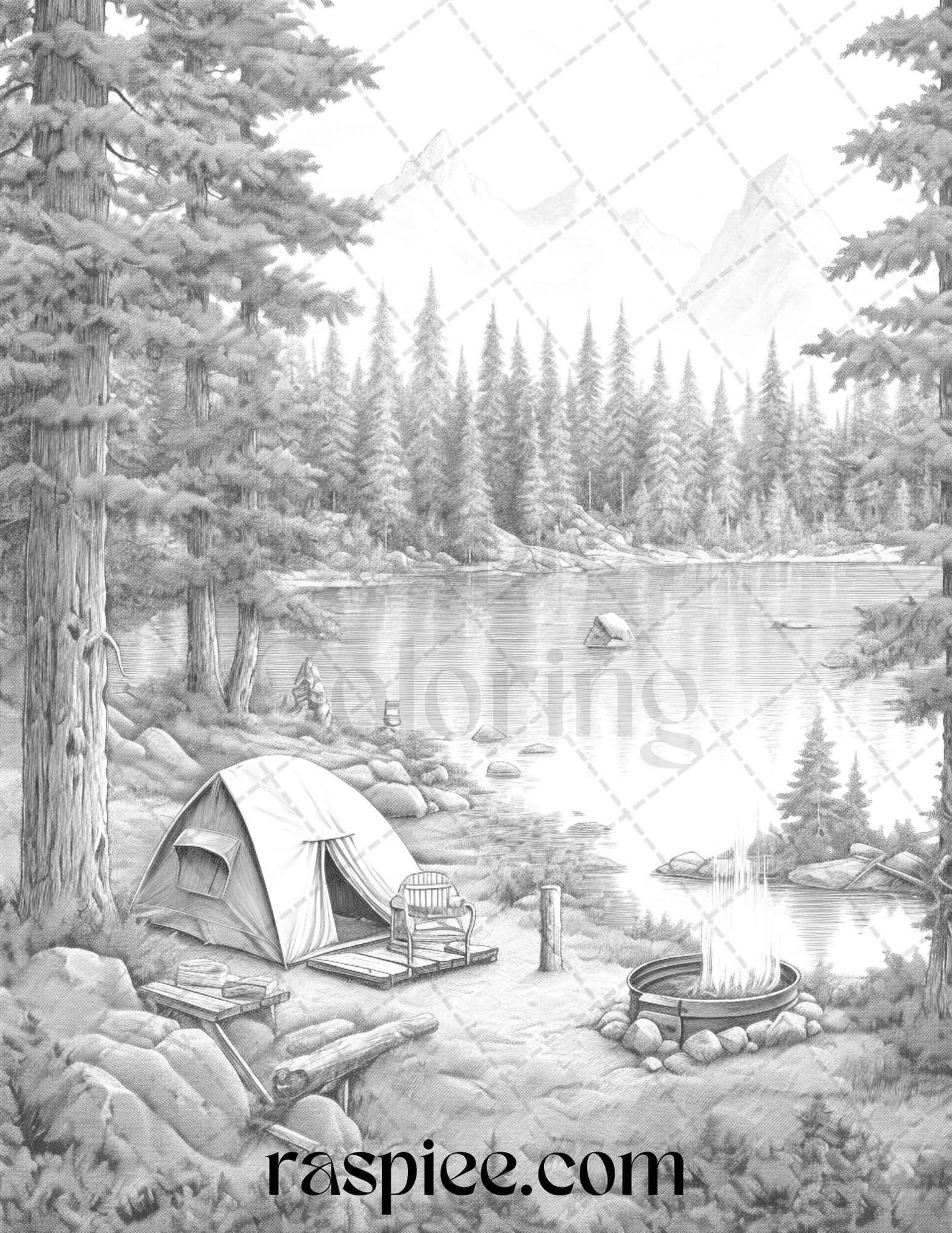 Nature Camping Grayscale Coloring Pages Printable, Relaxing Outdoor Scenes, PDF File Instant Download