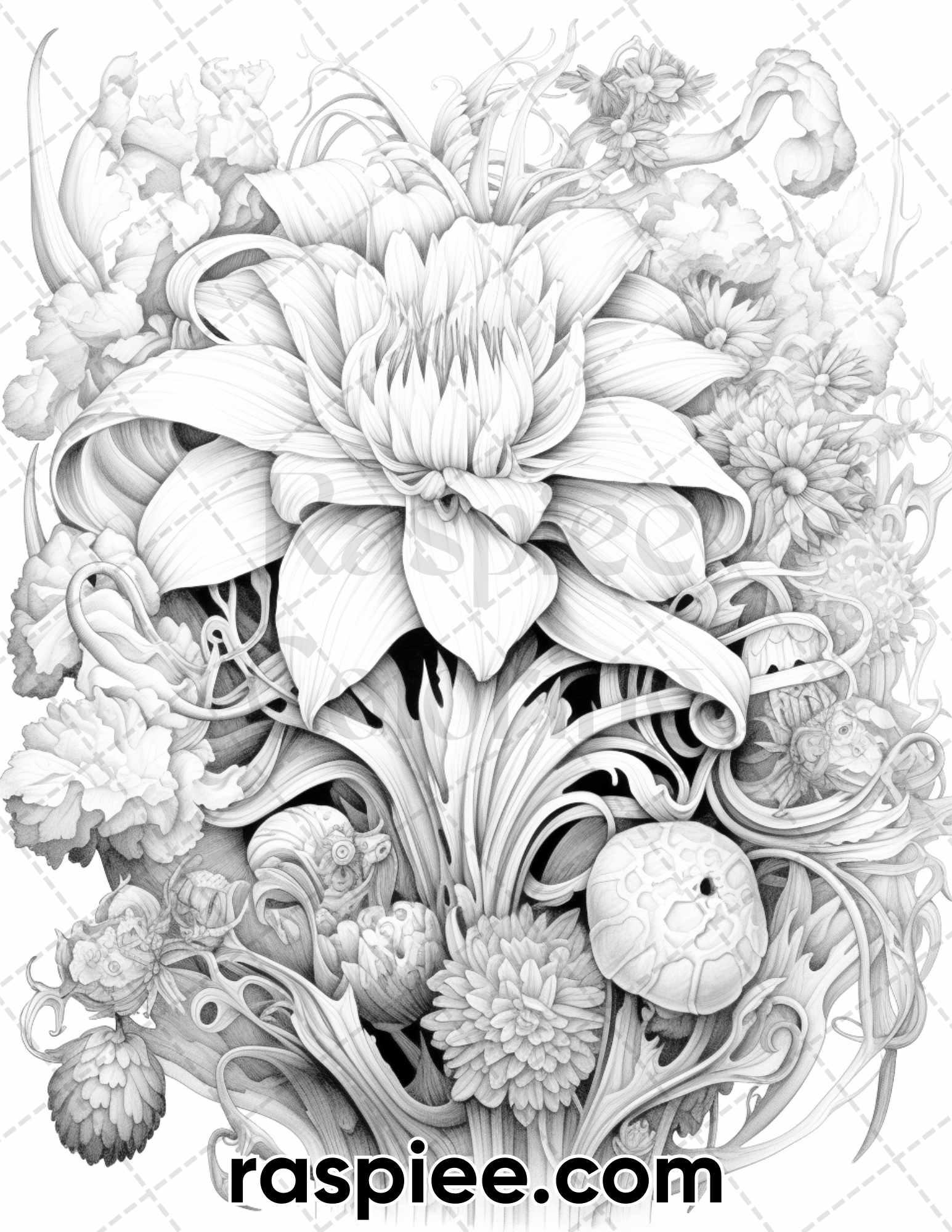 55 Fantasy Flowers Grayscale Coloring Pages for Adults, Printable PDF File Instant Download