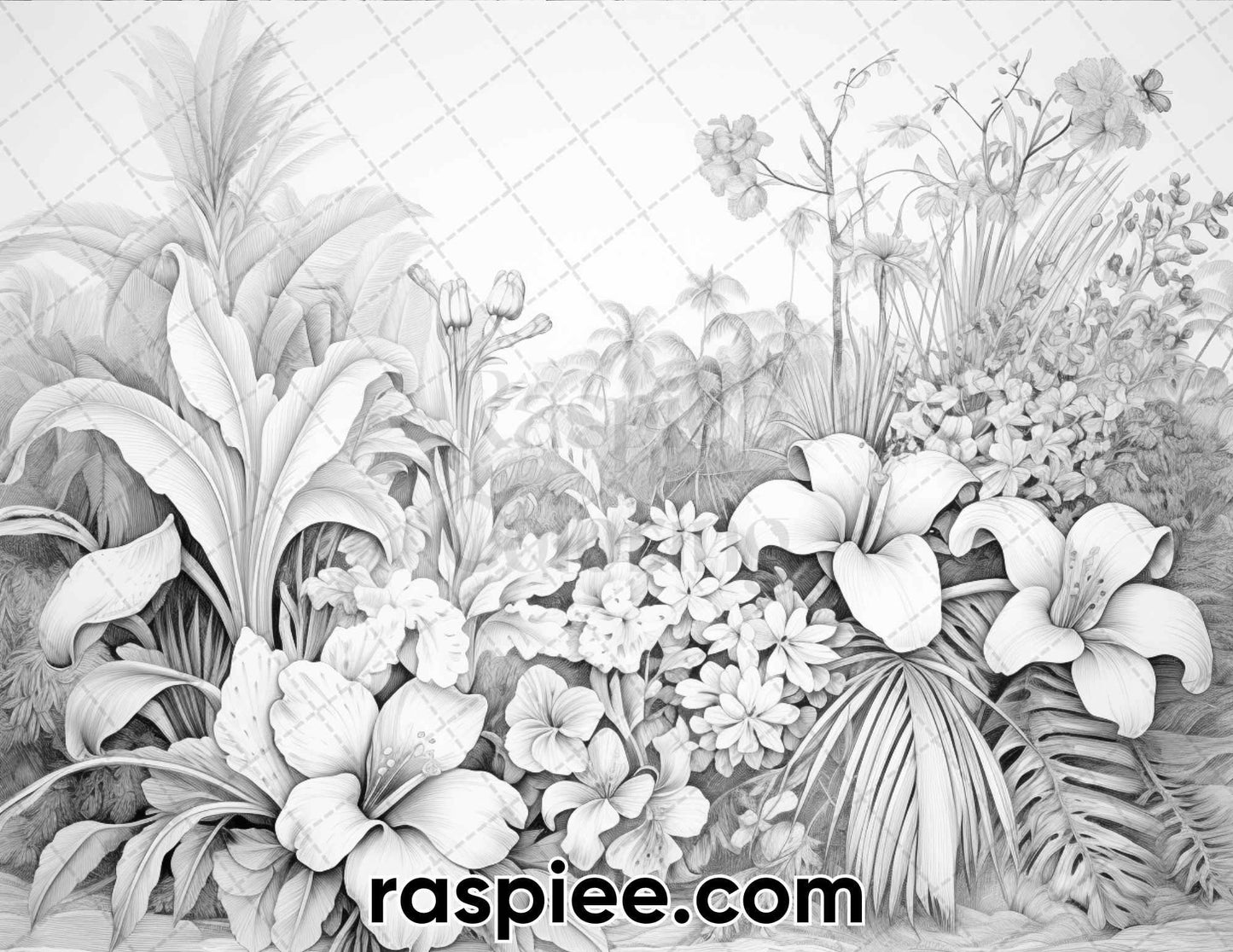 50 Tropical Paradise Grayscale Adult Coloring Pages, Printable PDF Instant Download
