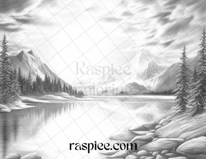 Aurora Borealis Landscape Grayscale Coloring Pages for Adults, Printable PDF File Instant Download