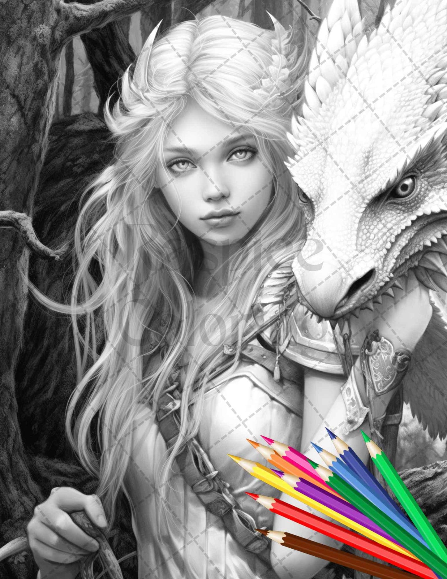Enchanted Dragon Queens Grayscale Coloring Pages Printable for Adults, PDF File Instant Download
