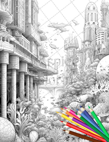 Enchanted Underwater City Grayscale Coloring Pages Printable for Adults, PDF File Instant Download