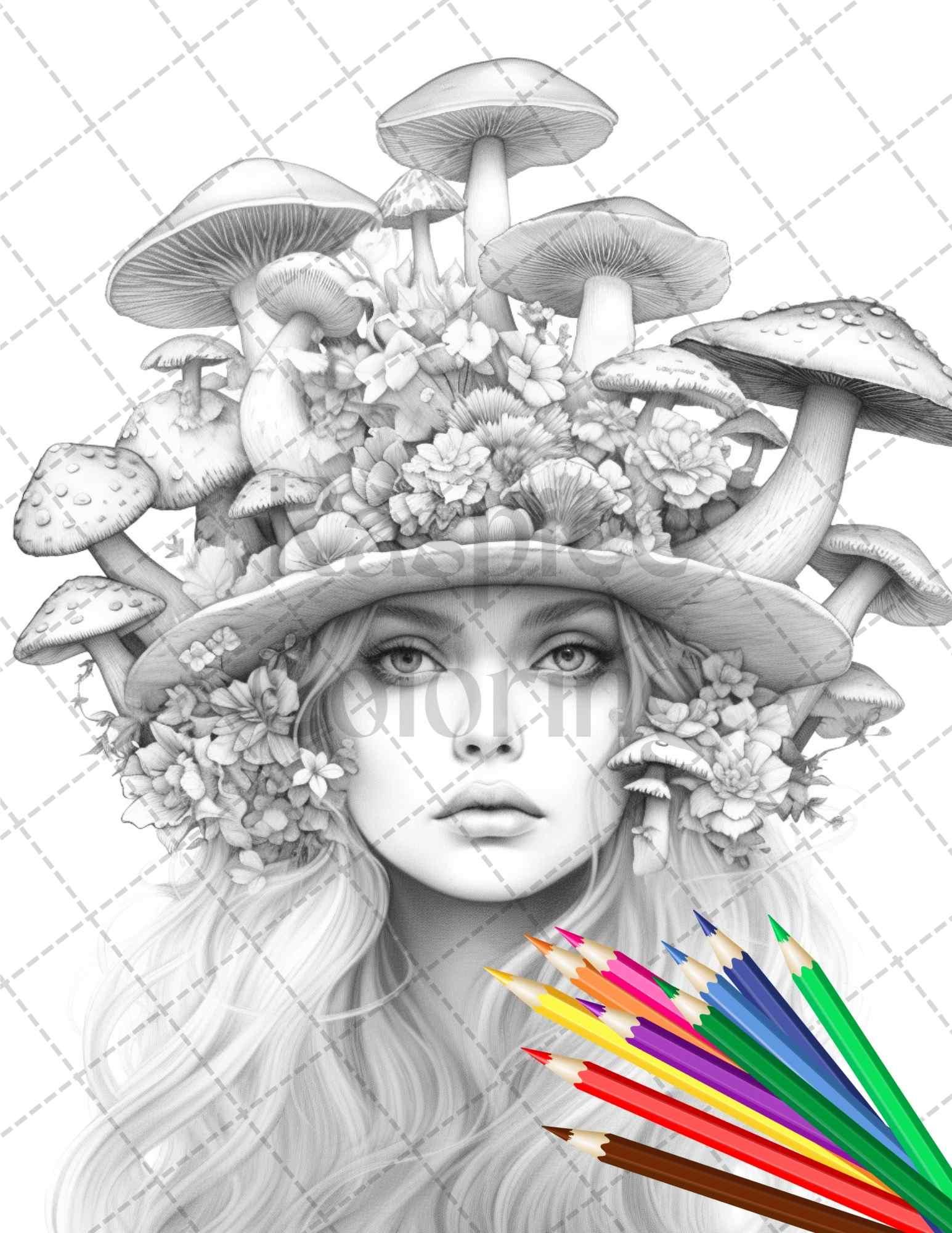 50 Mushroom Fairy Grayscale Coloring Pages Printable for Adults, PDF File Instant Download