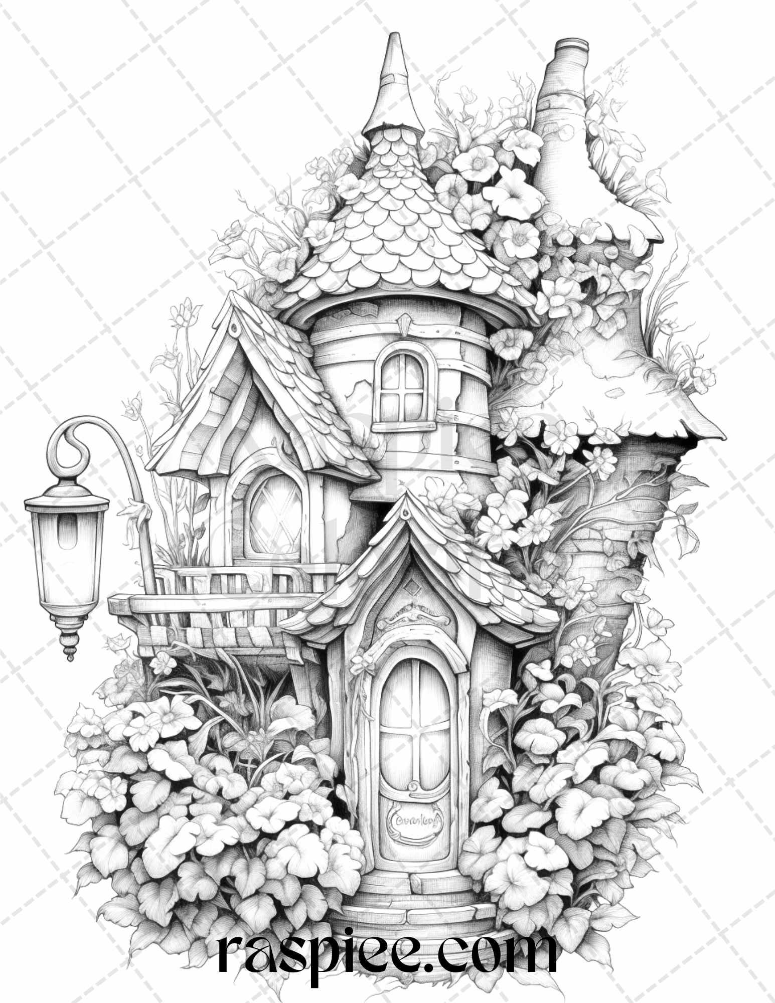 50 Lantern Fairy Houses Grayscale Coloring Pages Printable for Adults, PDF File Instant Download