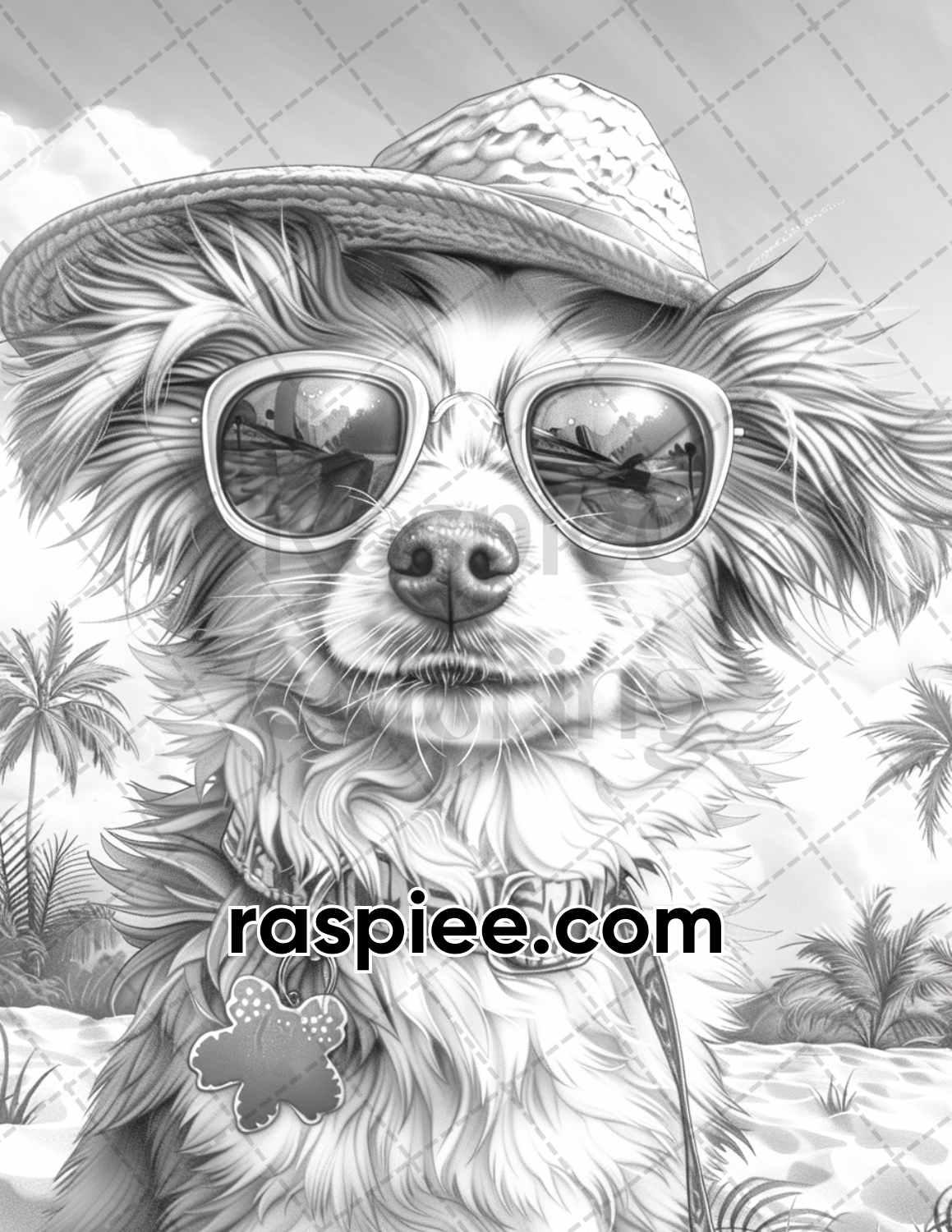 90 Summer Dogs Grayscale Adult Coloring Pages, Printable PDF Instant Download