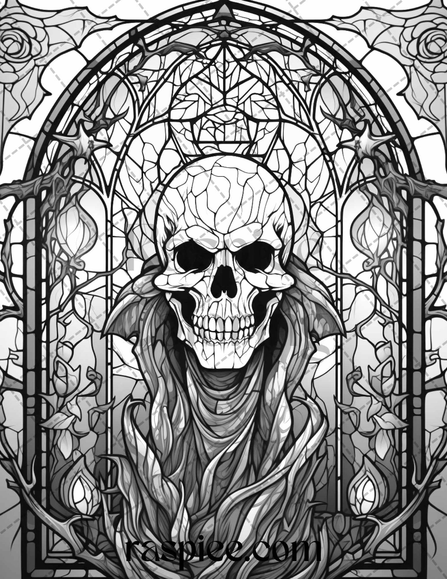 70 Halloween Stained Glass Grayscale Coloring Pages Printable for Adults, PDF File Instant Download
