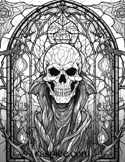 70 Halloween Stained Glass Grayscale Coloring Pages Printable for Adults, PDF File Instant Download