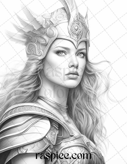 Greek Women Warriors Grayscale Coloring Pages for Adults, Printable PDF File Instant Download