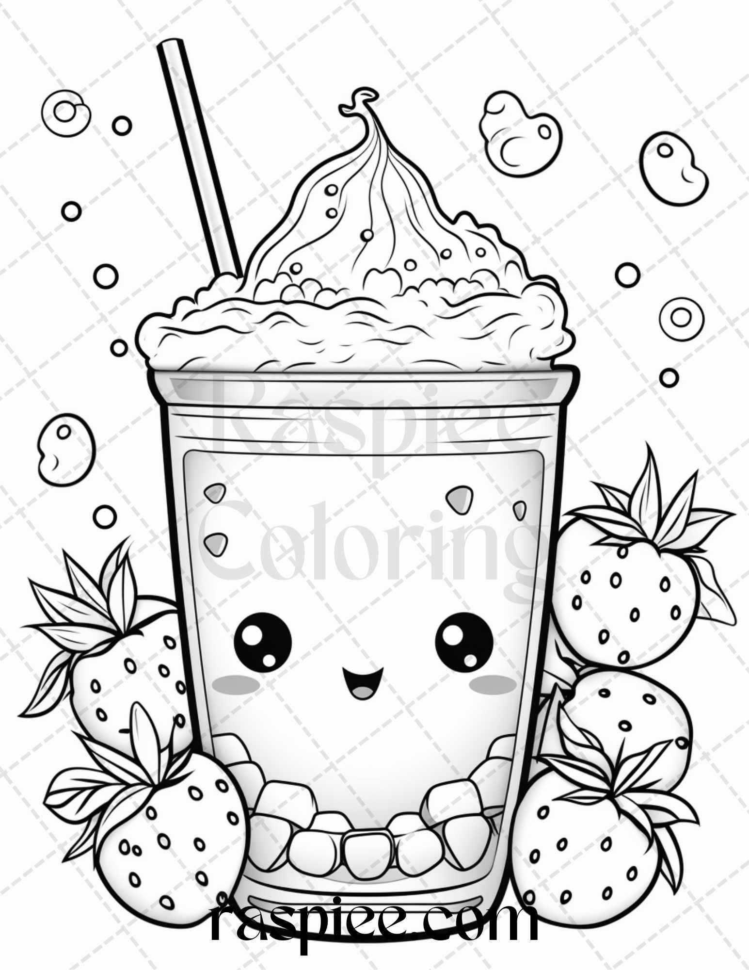 50 Cute Kawaii Boba Tea Grayscale Coloring Pages for Adults and Kids, Printable PDF File Instant Download