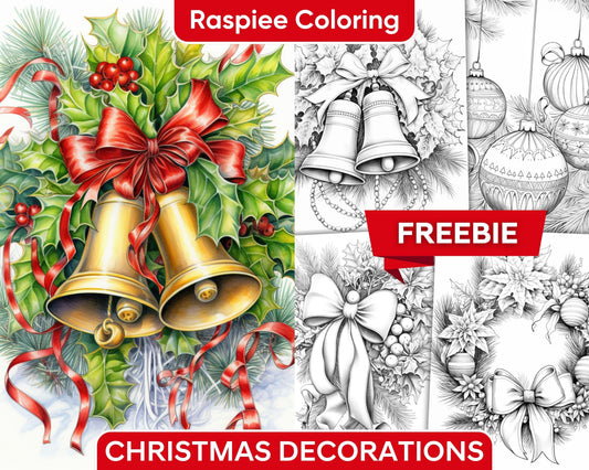 Free Christmas Decorations Grayscale Coloring Pages for Adults, Printable PDF Instant Download