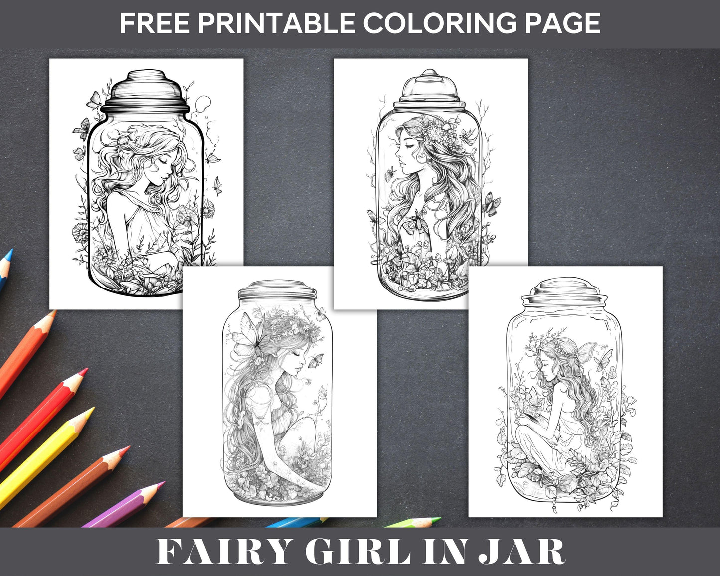 Fairy Girl in Jar Coloring Pages for Adults, Free Printable PDF Instant Download