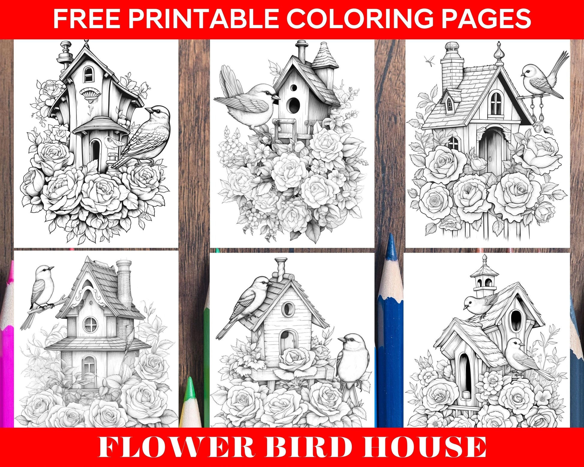 Free Flower Bird House Grayscale Coloring Pages Printable for Adults, PDF File Instant Download