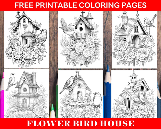 Free Flower Bird House Grayscale Coloring Pages Printable for Adults, PDF File Instant Download