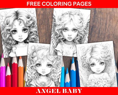 Free Angel Baby Grayscale Coloring Pages Printable for Adults Kids, PDF File Instant Download