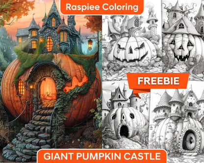 Free Giant Pumpkin Castle Grayscale Adult Coloring Pages, Printable PDF Instant Download