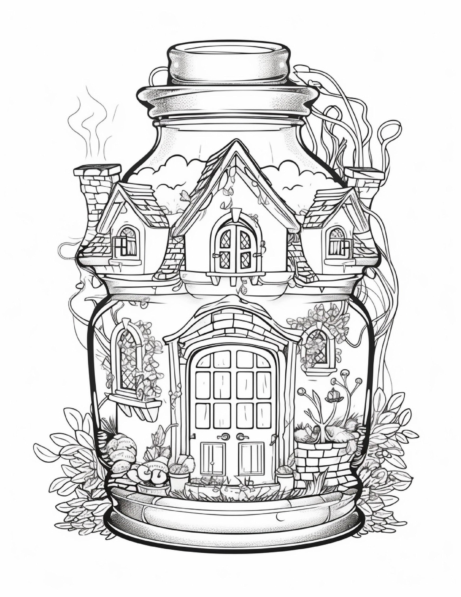 50 Printable Fairy Houses in Jar Coloring Pages for Adults, Grayscale Coloring Book, Stress Relief Coloring Pages, Printable PDF Instant Download