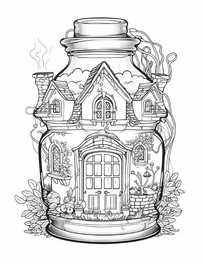 50 Printable Fairy Houses in Jar Coloring Pages for Adults, Grayscale Coloring Book, Stress Relief Coloring Pages, Printable PDF Instant Download
