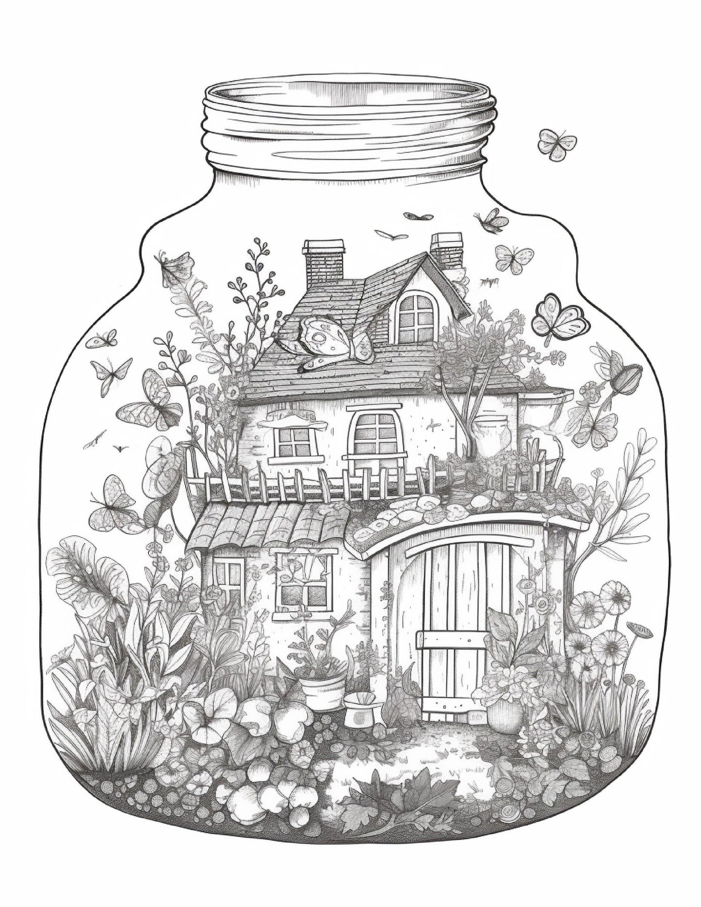50 Printable Fairy Houses in Jar Coloring Pages for Adults, Grayscale Coloring Book, Stress Relief Coloring Pages, Printable PDF Instant Download