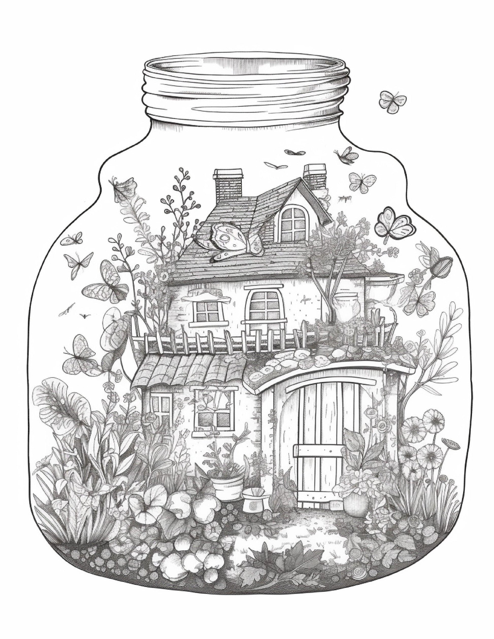 50 Printable Fairy Houses in Jar Coloring Pages for Adults, Grayscale Coloring Book, Stress Relief Coloring Pages, Printable PDF Instant Download