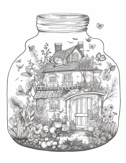 50 Printable Fairy Houses in Jar Coloring Pages for Adults, Grayscale Coloring Book, Stress Relief Coloring Pages, Printable PDF Instant Download