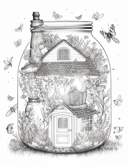 50 Printable Fairy Houses in Jar Coloring Pages for Adults, Grayscale Coloring Book, Stress Relief Coloring Pages, Printable PDF Instant Download