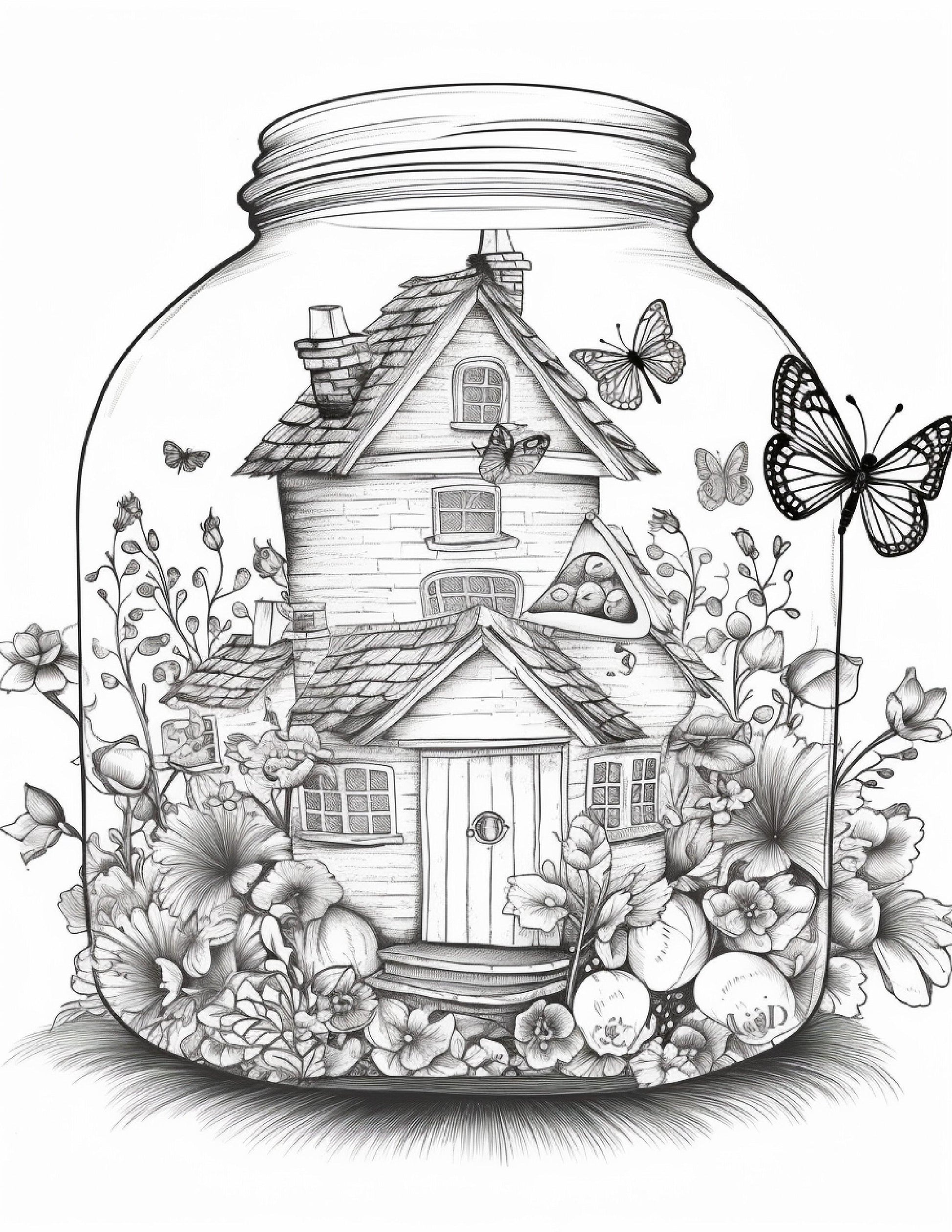 50 Printable Fairy Houses in Jar Coloring Pages for Adults, Grayscale Coloring Book, Stress Relief Coloring Pages, Printable PDF Instant Download