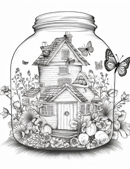 50 Printable Fairy Houses in Jar Coloring Pages for Adults, Grayscale Coloring Book, Stress Relief Coloring Pages, Printable PDF Instant Download