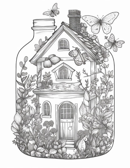50 Printable Fairy Houses in Jar Coloring Pages for Adults, Grayscale Coloring Book, Stress Relief Coloring Pages, Printable PDF Instant Download