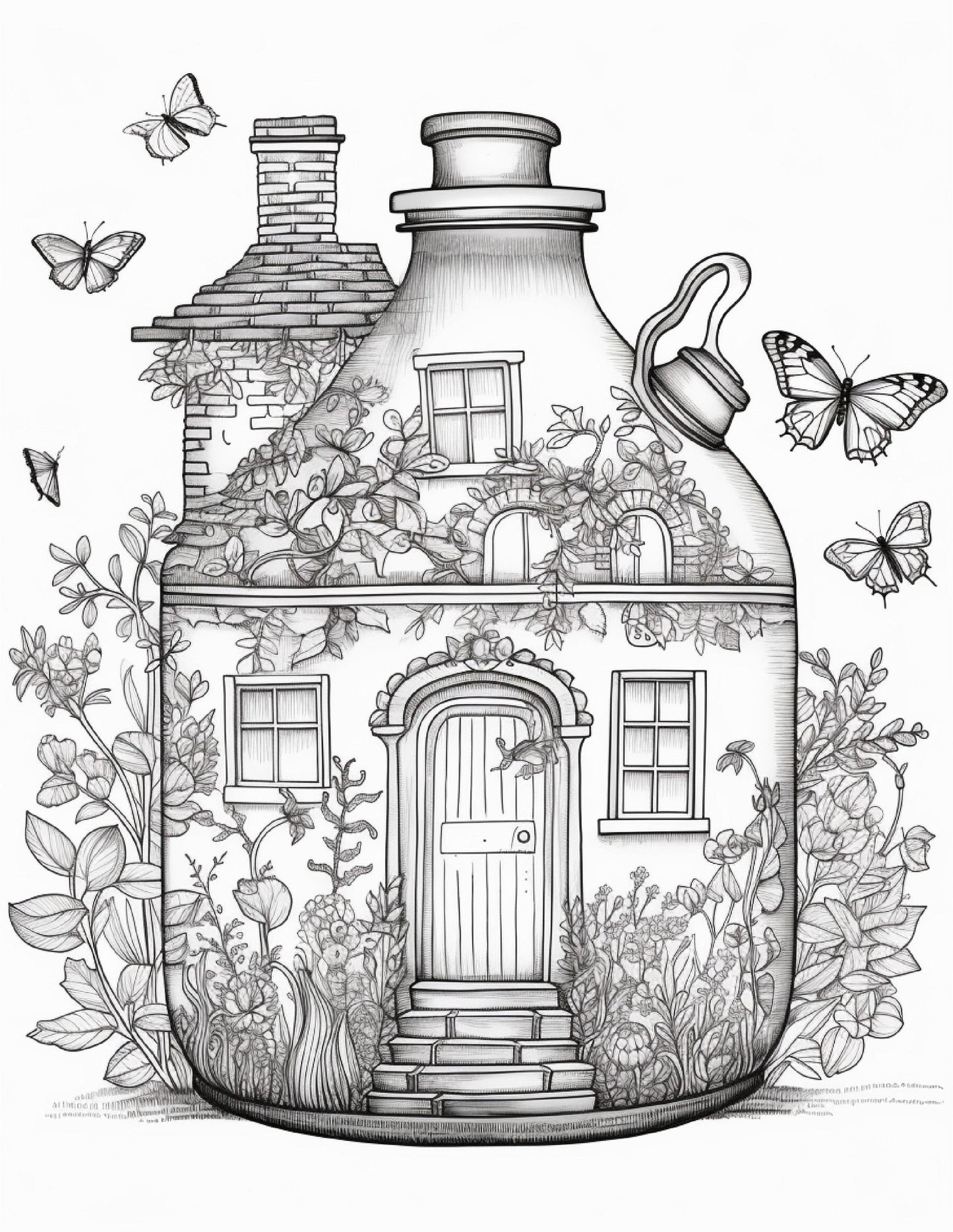 50 Printable Fairy Houses in Jar Coloring Pages for Adults, Grayscale Coloring Book, Stress Relief Coloring Pages, Printable PDF Instant Download