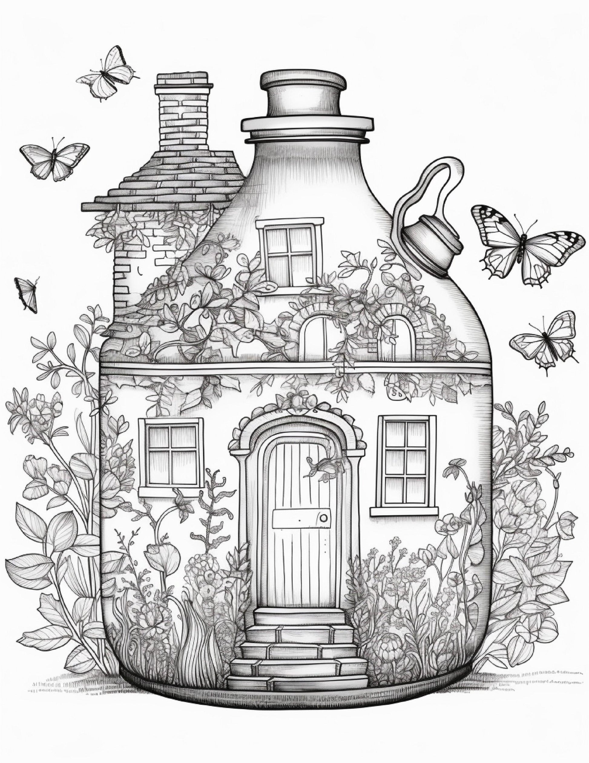50 Printable Fairy Houses in Jar Coloring Pages for Adults, Grayscale Coloring Book, Stress Relief Coloring Pages, Printable PDF Instant Download