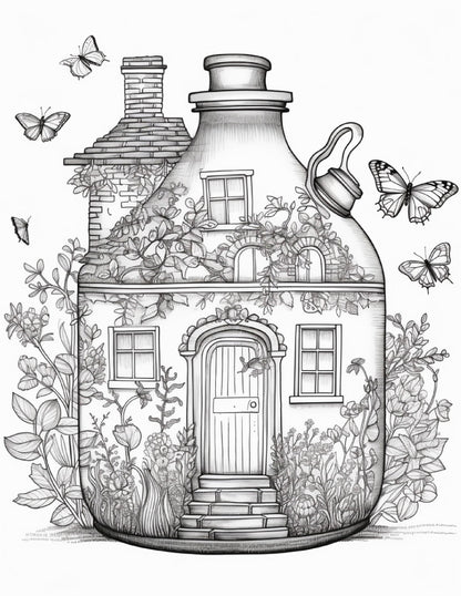 50 Printable Fairy Houses in Jar Coloring Pages for Adults, Grayscale Coloring Book, Stress Relief Coloring Pages, Printable PDF Instant Download