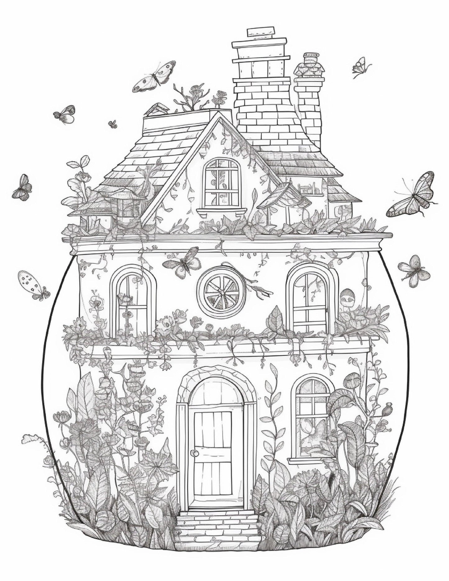 50 Printable Fairy Houses in Jar Coloring Pages for Adults, Grayscale Coloring Book, Stress Relief Coloring Pages, Printable PDF Instant Download